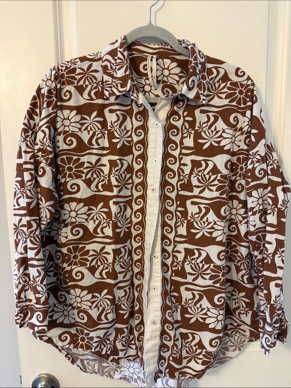Anthropologie Brown and White Floral Button-Front Blouse